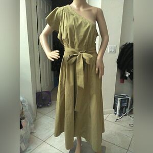 NWOT MADEWELL Chic One-Shoulder Olive Dress MIDI BELTED Sz.14?? So Pretty!